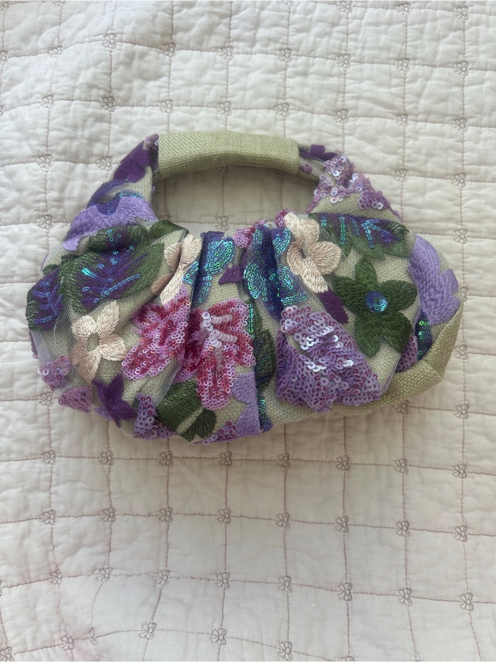 Lavender Floral Sequin Embroidered Wristlet Clutch